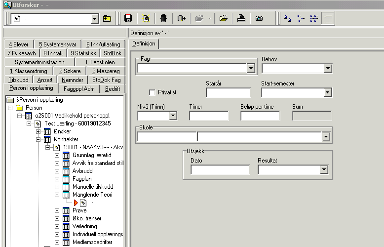 Registrering av Manglende teori 3 4 5 Ved registrering av manglende teori. Klikk på eller Ctrl+N for opprettelse av registreringsbilde Valgfritt Fag Velg fag fra rullegardinen.