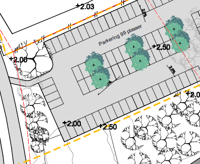 Illustrasjonen viser at det kan være plass til ca 60 parkeringsplasser innenfor det arealet som i kommunedelplan for Horten sentrum er avsatt til mulig parkering for idrett og videregående skole.