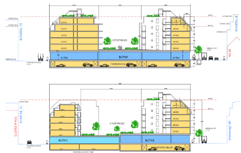 Kirkegata 39, 41, 37 (delvis), Tordenskjolds gate 34, 36, 38, 38A, Eksisterende bygninger som består: Tordenskjolds gate 24 og 26-32 Markens gate 44, 46, 46A, 48 og 50 Kirkegata 29, 31, 33 og 37