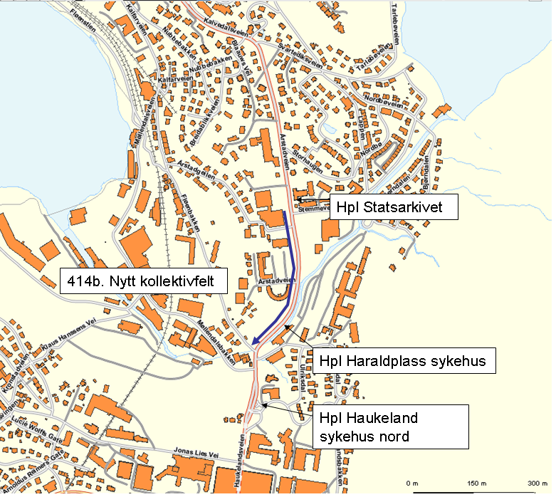 Fremkommelighetstiltak for kollektivtrafikk 04.03.2008 3.4.8 Tiltak 414b. Kollektivfelt Statsarkivet rundkjøring ved Fløenbakken. Fra sentrum Problem: Kø mot Haukeland sykehus fra sentrum.