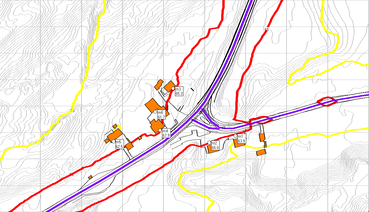 VEDLEGG A: VEITRAFIKKSTØY I KRYSS EV. 39/FV. 13, DAGENS SITUASJON, 4 METER BEREGNINGSHØYDE Figur 3: Beregning av støykoter for veitrafikk fra Fv. 13 og Ev. 39. Dagens situasjon.