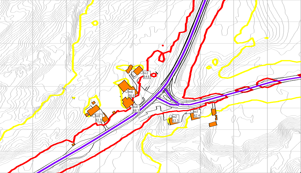 VEDLEGG B: VEITRAFIKKSTØY I KRYSS EV. 39/FV. 13, DAGENS SITUASJON, 2 METER BEREGNINGSHØYDE Figur 4: Beregning av støykoter for veitrafikk fra Fv. 13 og Ev. 39. Dagens situasjon.