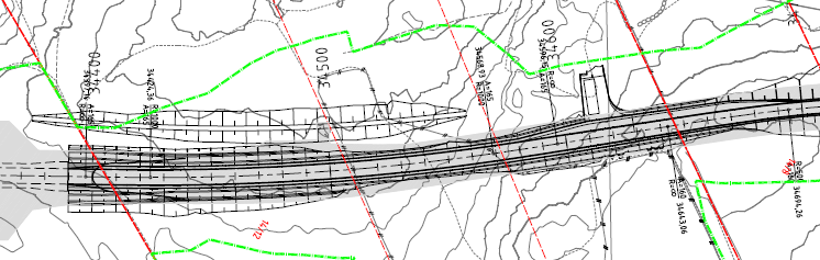 Figur 8: Figuren viser tegning for nytt planlagt påhugg på Myklebust. Den grønne linje er planens begrensning i godkjent reguleringsplan.