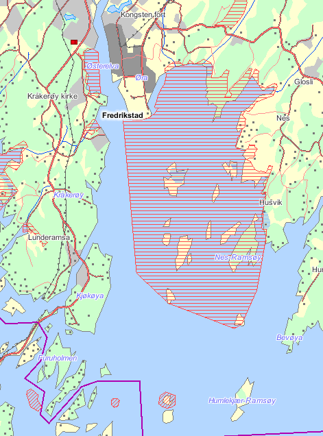 Ytre Hvaler nasjonalpark Fuglevikbukta og Øra naturreservat Ytre Hvaler nasjonalpark blir berørt av tiltaket og er markert med rød skravur på kartet.