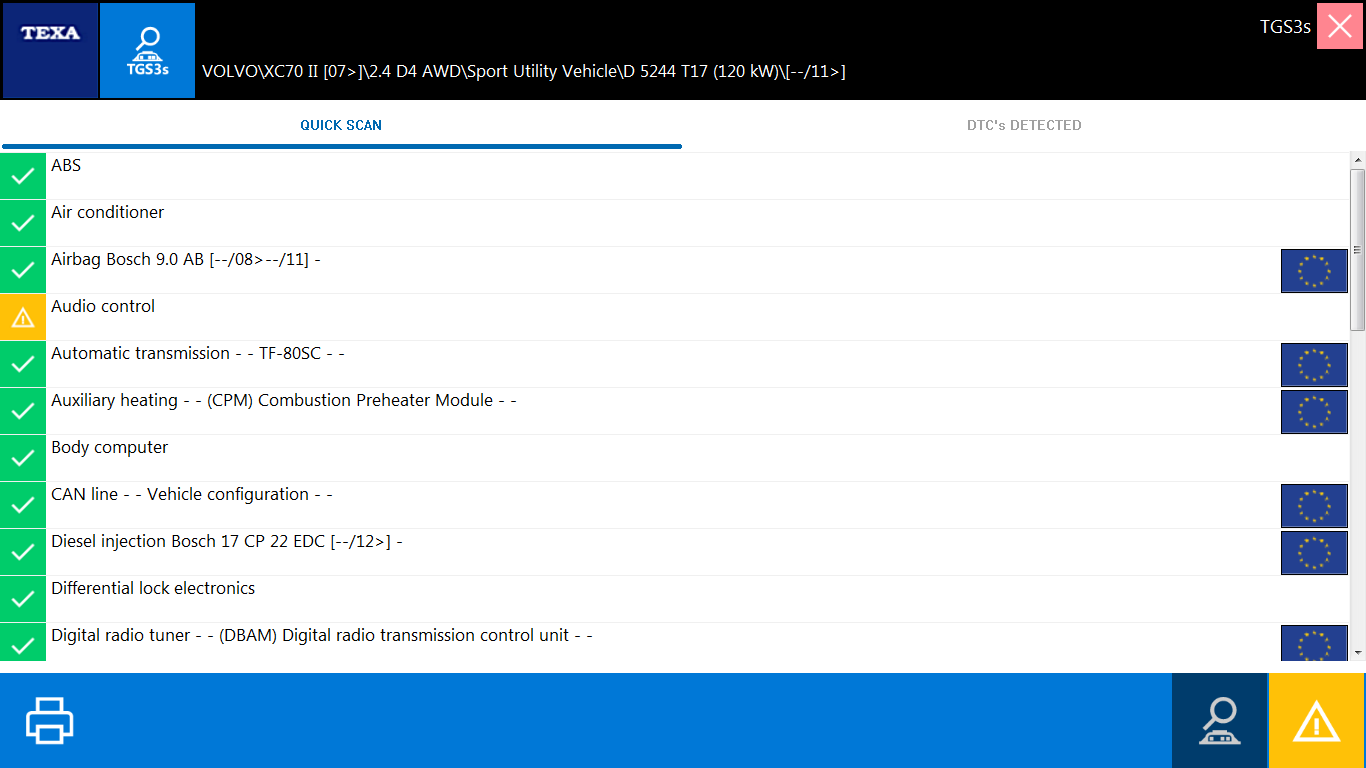 I TGS3s får man en status på systemer montert i kjøretøyet. Grønne felt = OK. Røde felt= Ikke montert. Gule felt= feilkode registrert.