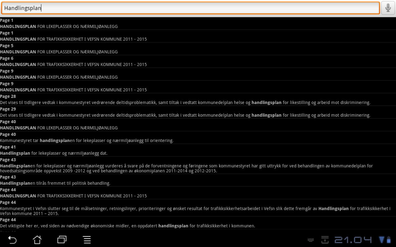 valgt å søke på "Handlingsplan" og får oppsummert alle sider i dokumentet som