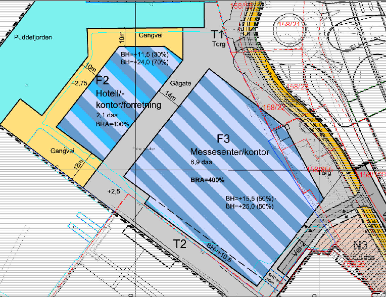 Gjeldende reguleringsplan, Solheimsviken Næringspark, arealplan-id 115690100 Gjeldende reguleringsplan angir en utnyttelsesgrad på henholdsvis %-BRA =400% for hvert av feltene F2 og F3.