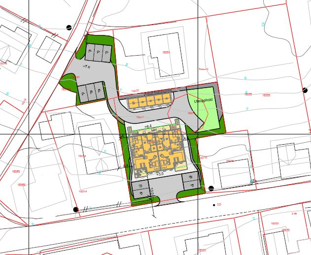 Eksisterande bygning vert reven, og nytt bygg vert plassert med veggfasade 13 meter frå senter av fv 544, balkong og