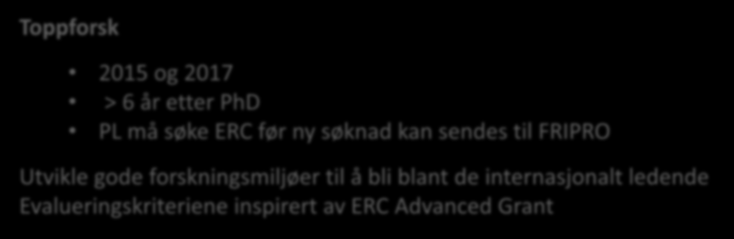 Nytt kriterium fra 2013: Dristighet og fornyelse i forskningen 3 nye søknadstyper for å stimulere forskerkarriere internasjonal mobilitet internasjonal