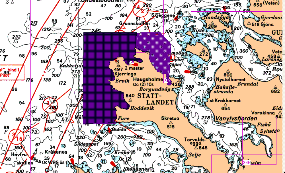 Stad kart som viser avgrensning av foreslått taretrålfritt referanseområde markert med mørk lilla farge.