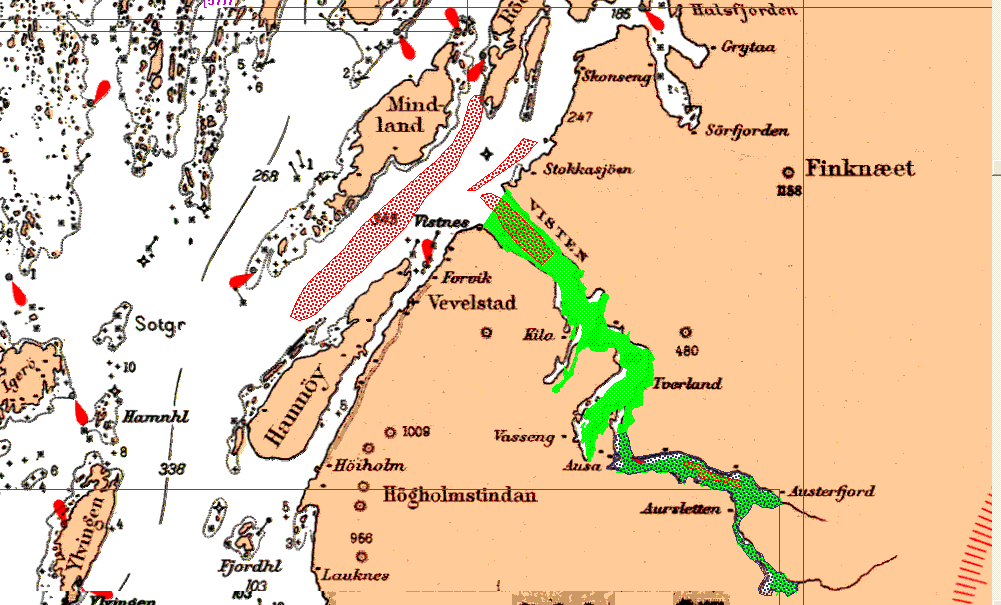 Vistenfjorden kart som viser avgrensning av referanseområde hvor det ikke tillates fiske med trål etter reke markert med blå skravur på grønn bakgrunn.