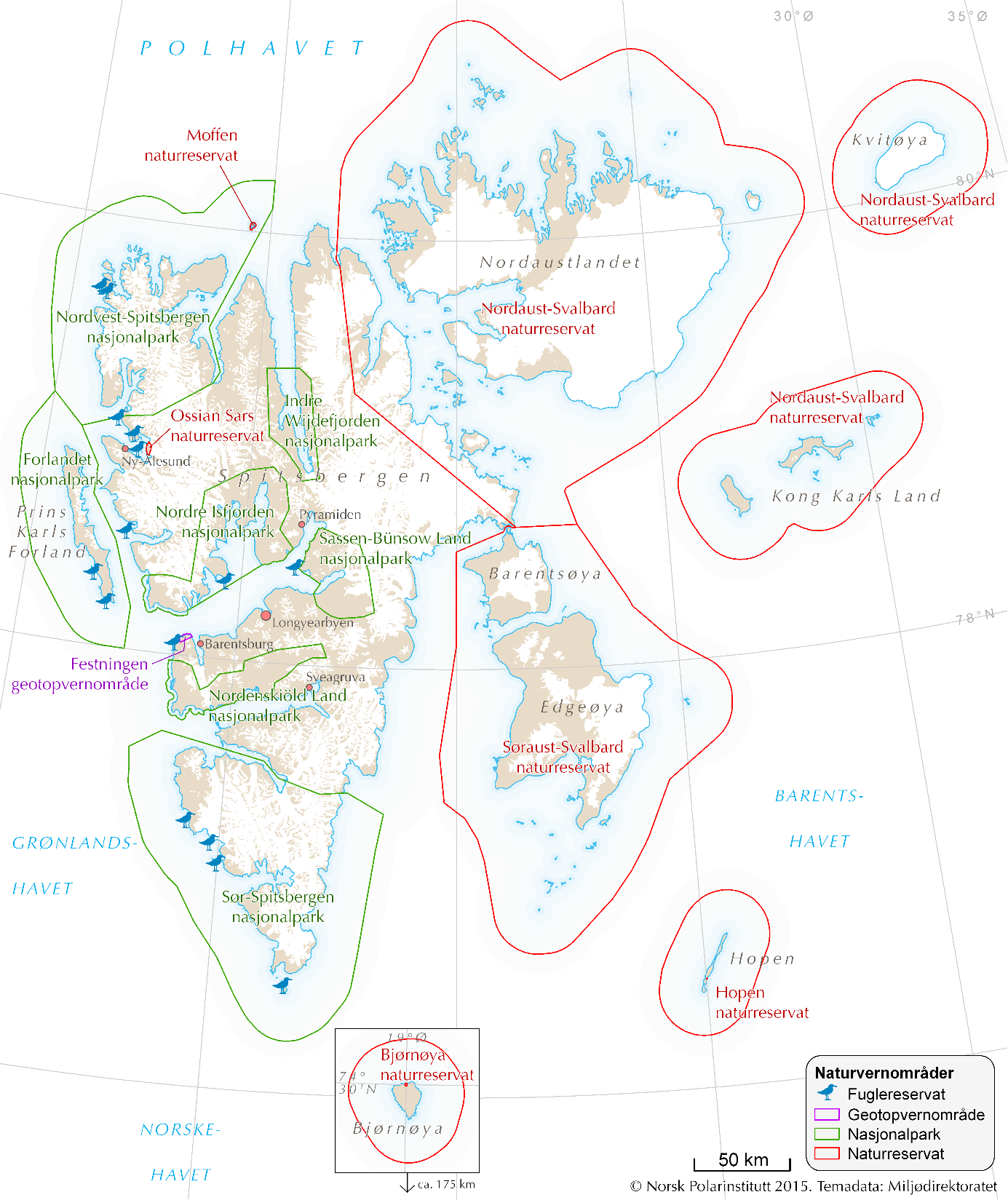 Appendix - map of protected areas in Svalbard The map below shows which areas in Svalbard that are protected (national parks, nature reserves and bird