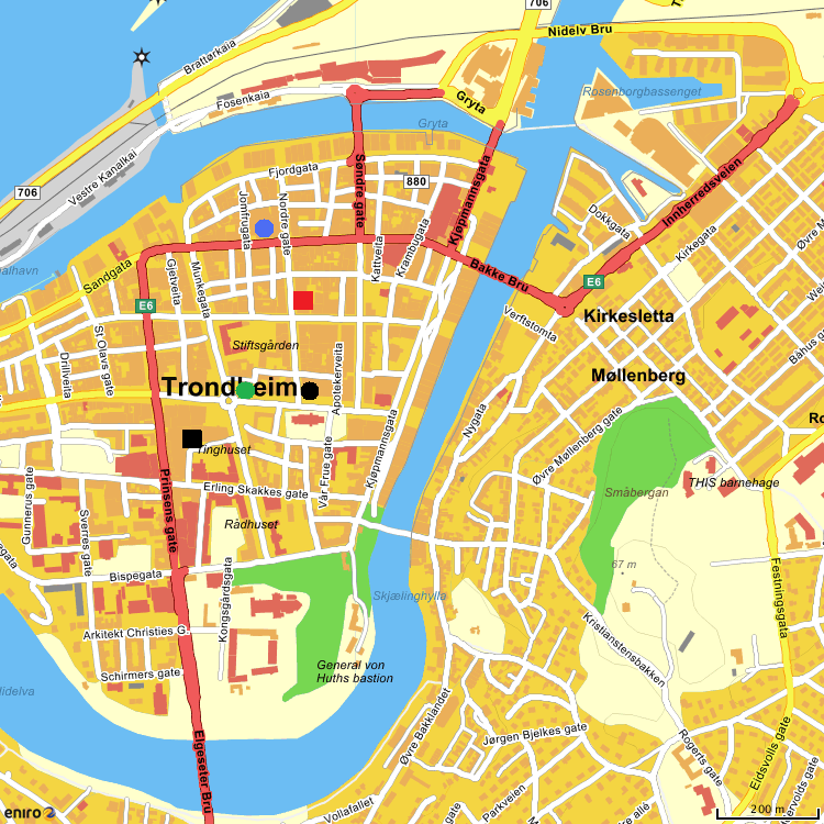 Bokhandlere i Trondheim sentrum, Midtbyen Rød firkant: Norli Nordregate (1) Blå runding: Notabene Byhaven (2) Svart runding: Ark Brunhjørnet (3) Svart firkant: Ark Trondheims Torg (4) Grønn runding: