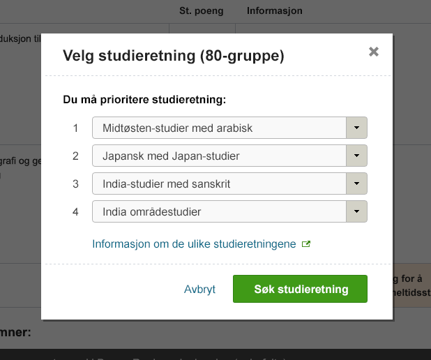 Velg studieretning eller spesialisering Brukeren velger blant