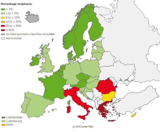 Eksempler på forekomst i Europa Andel Klebsiella pneumonia funnet
