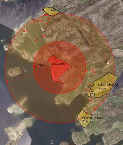 Virkning på innsyn og støyskjerming Innenfor 500 meter fra sentrum av masseuttaket/næringsområde ligger det 4 bolig- eller fritidseiendommer.