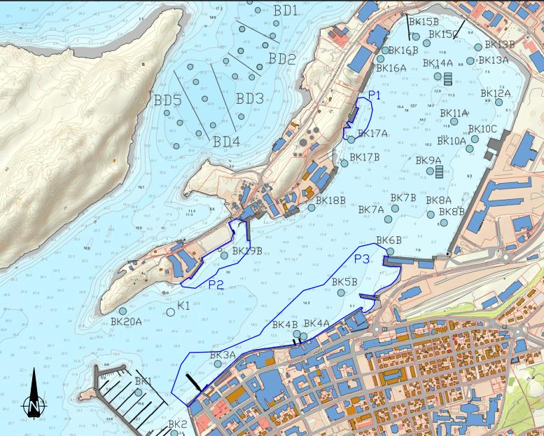 Nyholmsundet Figur 4: Oversiktskart over prøvepunkter for kjerneprøvetaking i havna og grabbprøver i det potensielle dypvannsdeponiet i Nyholmsundet våren 2014, samt porevannsprøver og