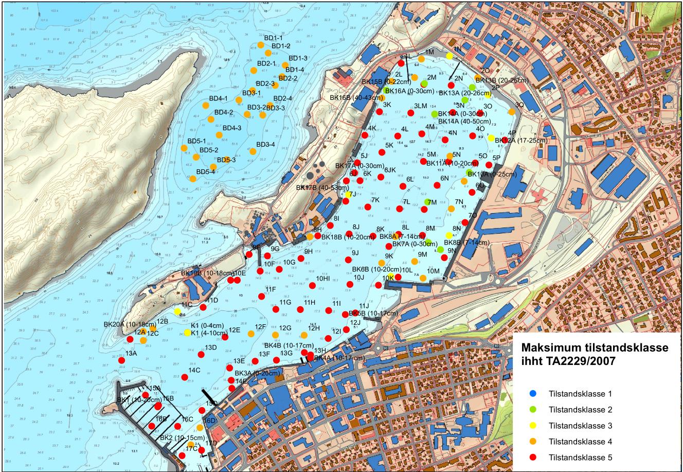 Figur 15: Miljøkvalitet i sedimenter fra Bodø havn, basert på maksimum