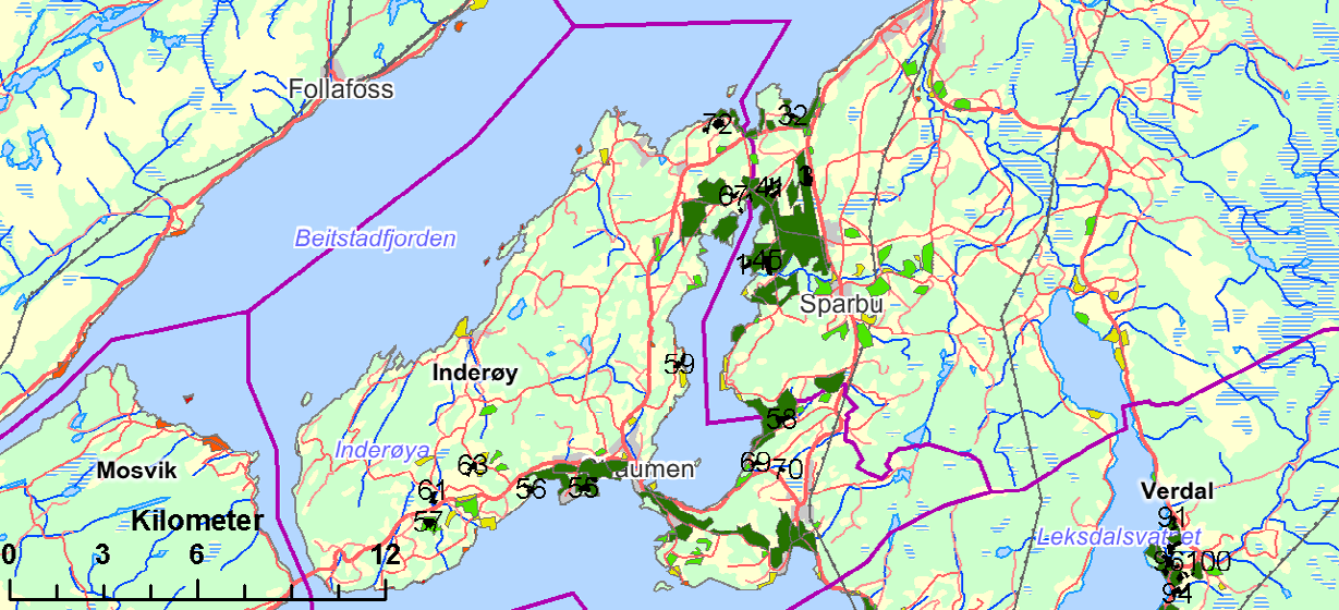 Figur 2 Lokalisering av friarealer i kommunene Steinkjer, Inderøy og Verran våren 2010. Friarealene er vist som svarte felter med nummerering.