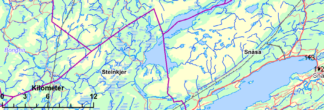 Figur 3 Lokalisering av friarealer i kommunene Snåsa og Overhalla våren 2010. Friarealene er vist som svarte felter med nummerering.