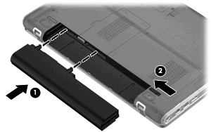 3. Lås batteriet i batteribrønnen ved å skyve den høyre batteriutløseren (2) mot venstre. Den venstre batteriutløseren vil automatisk låse batteriet på plass. Slik tar du ut batteriet: 1.