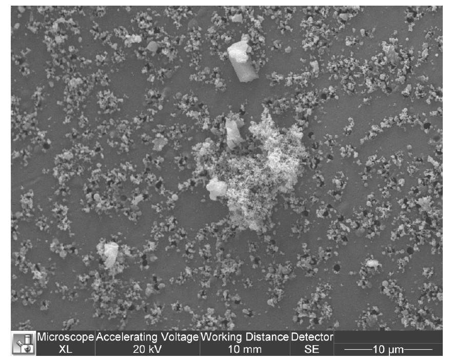 Bilde 2. Forstørrelse ca. 3400x. Samplet 8.febr-2013. Mange sandpartikler påvist, samt sink og mangan partikler.