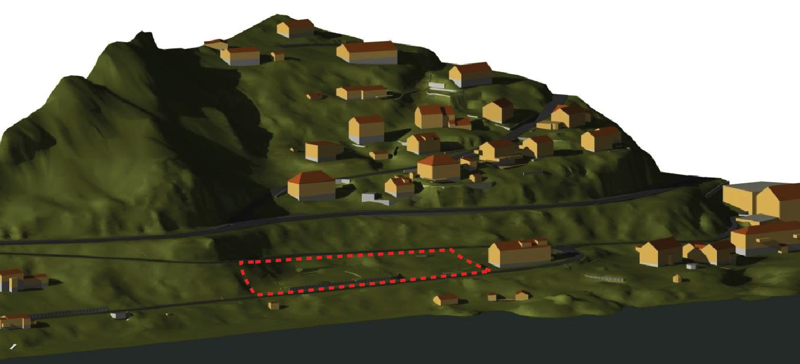 Side 3 Figur 2 Modell eksisterende terreng (utbyggingstomten markert med rødt omriss) Senterfunksjoner Ilsvika/Ila er det nærmeste tilbud av dagligvareforretning og andre senterfunksjoner (ca 4 km).