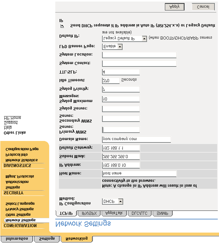 Figur 4-1 Nettverksinnstillinger-side Avhengig av hvilken modell og versjon av HP Jetdirect-utskriftsserveren du har, er dette noen av de oppgavene du kan utføre fra Nettverk-sidene: Endre