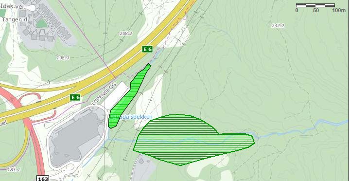 4.2 Djupdalsbekken (figur 10, 11) Figur 10. Naturtypelokalitet Djupdalsbekken (lysgrønn farge). Forslag om utvidelse sørover, se figur 3, blå strek som forlengelse av lok. 506.