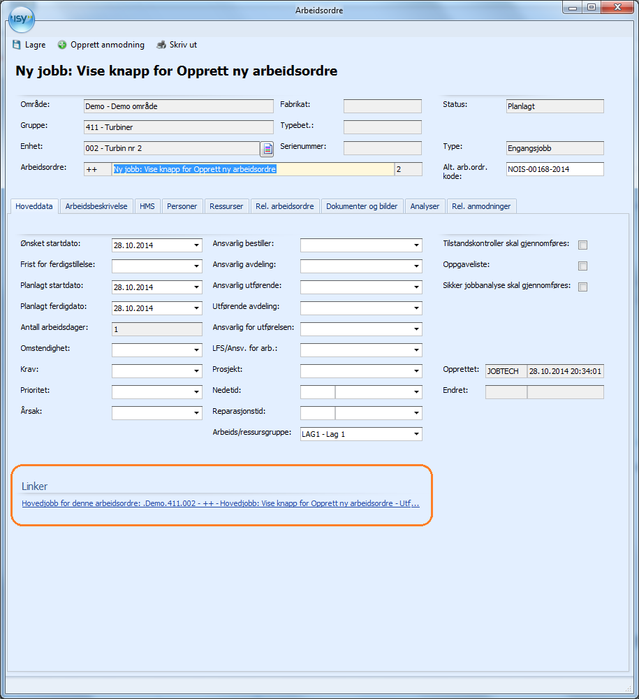 Merk at linken starter med teksten Hovedjobb for denne arbeidsordre.