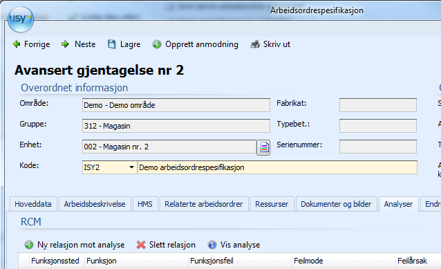 Analyser For de som har tilgang til Analysemodulen vil det være en arkfane i skjermbilder for arbeidsordrespesifikasjoner som heter RCM-analyser. Denne arkfanen har nå fått tittelen Analyser i stedet.