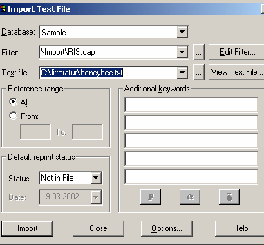Menyvalg for import: File : Import Text File Velg base for import Oppgi hvor referansene er hentet fra - konverteringfilter Browse-knapper: Trykk for å se alternativer Oppgi filnavnet til txt-flen