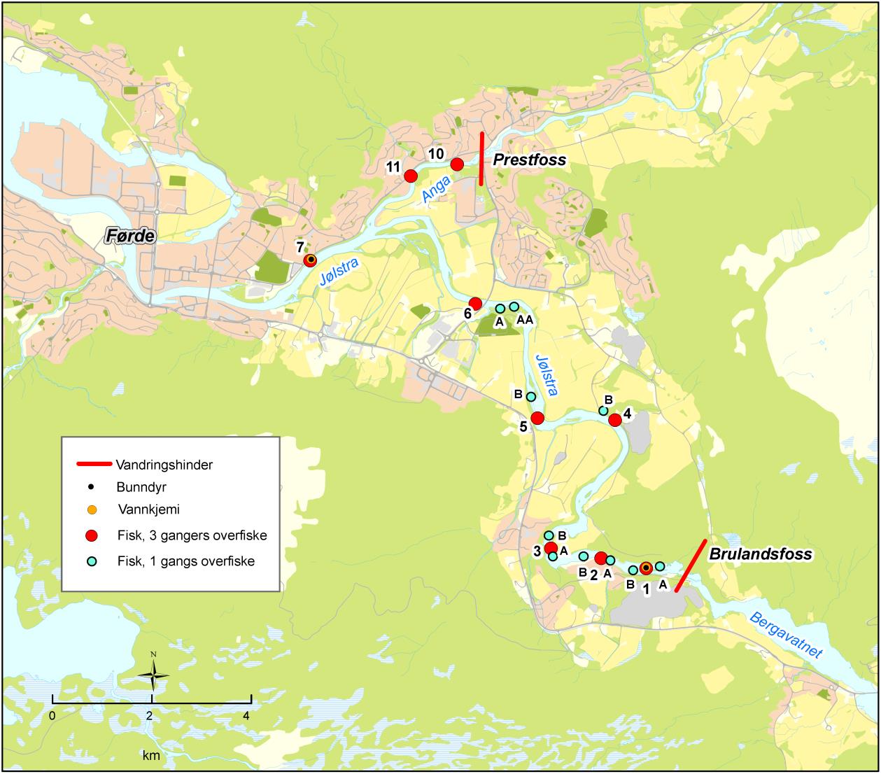 Elektrofiske i Jølstra i januar 214 I januar 214 avtok vassføringa, og det vart difor bestemt å gjennomføre ungfiskundersøkingar fordi dei ville gje viktig informasjon om effektane av utfallet i