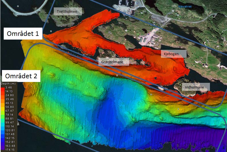 14 of 3 RESULTAT SAMMENDRAG Kjebogen survey område kan deles opp i to områder (Figur Figur 3.1); Område 1: det grunne området langs med land ved Kjebogen og mellom Trettholmen og Vidholmane.