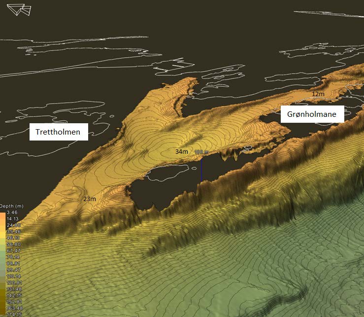 16 of 4.2 BATHYMETRI 4.2.1 OMRÅDE 1 Område 1 (Figur 3.1) er karakterisert av holmer og skjær, og er relativt flatt med max dybde på 34m (sør-sørøst for Trettholmen).