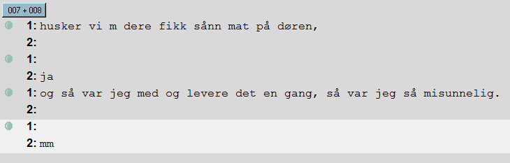 Som hovedregel deler vi aldri opp meningsenheter i flere segmenter. Ett unntak er når taler 1 og taler 2 snakker i munnen på hverandre uten at meningsenhetene deres er synkronisert.