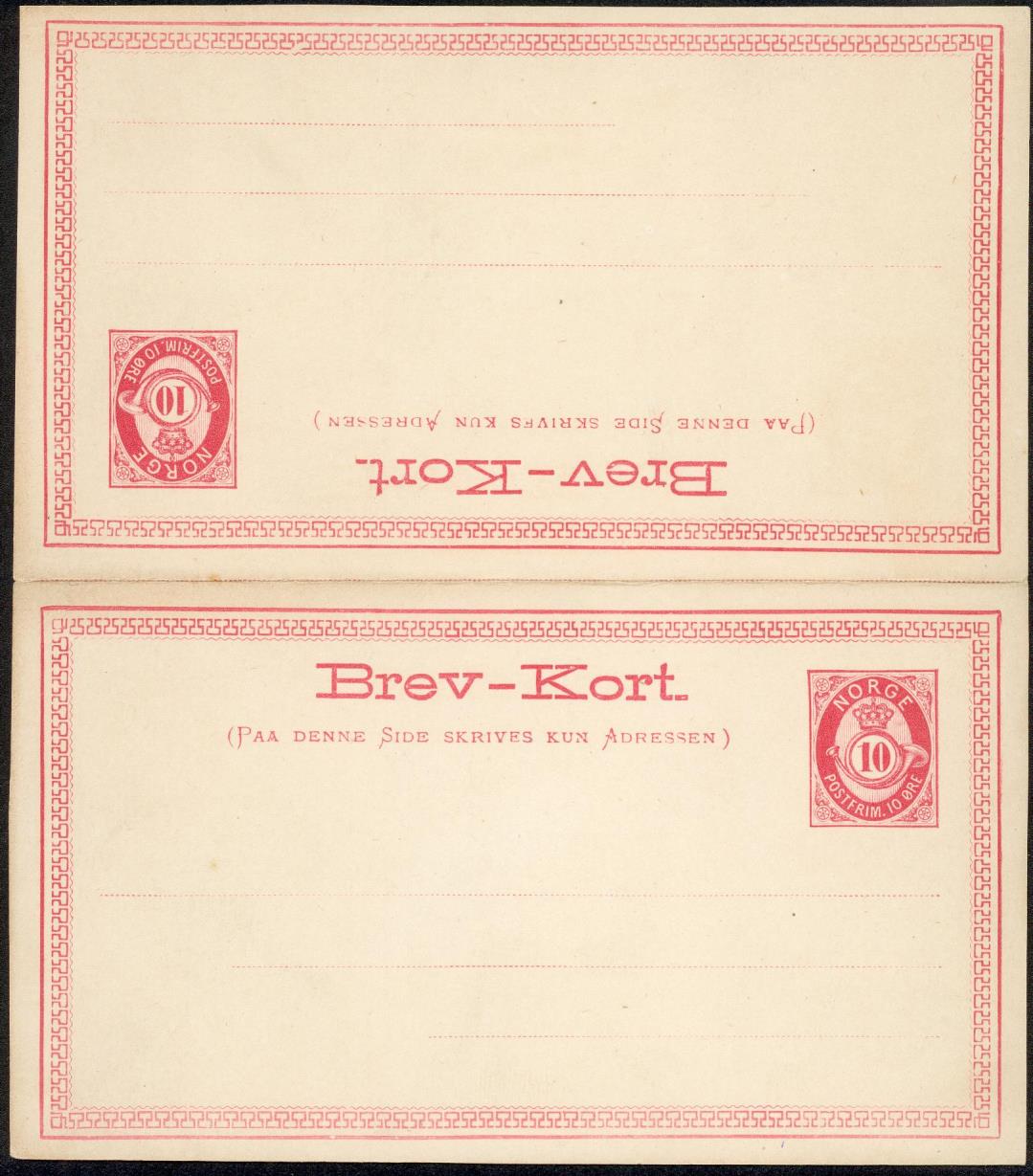 Brevkort dobbelt. Fra 1879 ble det i samsvar med UPUs bestemmelser tillatt å benytte doble kort, dvs avsenders returporto var også betalt.