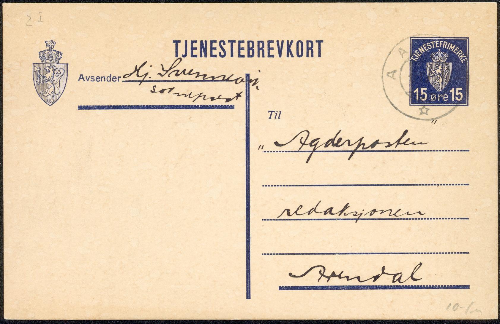 HELPOST 1925 Tjenestepostkort.
