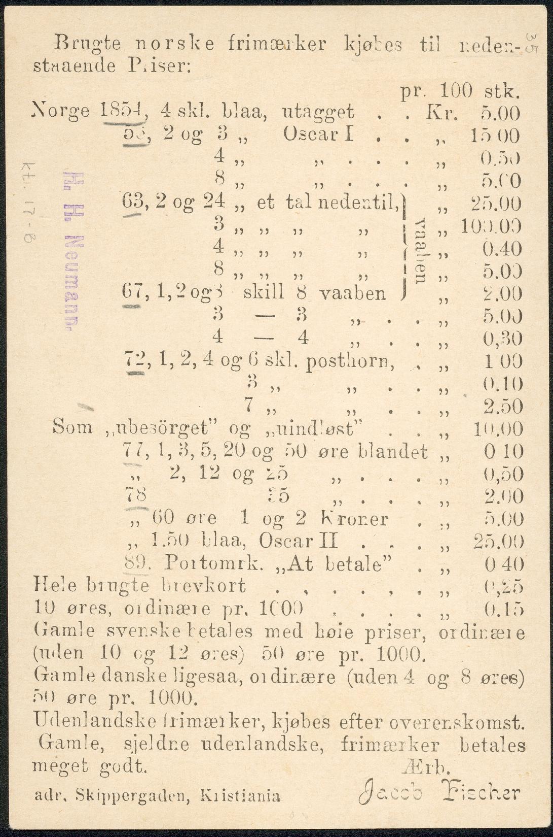 Brevkort med interessant Tiltrykk på baksiden. Her Tiltrykk på brevkort nr 35, fra ca 1890.