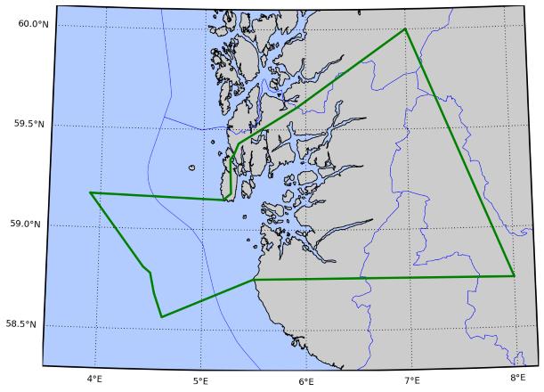 5 Område 1: Svenskegrensa til Jæren Produksjonsområde 1 avgrenses av norsk økonomisk sone opp til 30 nautiske mil fra grunnlinjen og følgende linjer: 1. Svinesund ved Svinesundsbroen, N 59 05.