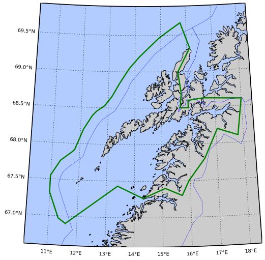 9 Produksjonsområde 8 avgrenses ved 20 nautiske mil fra grunnlinjen og følgende linjer: 1. Langøya ved Kvaløya (Sømna) N 65 13.86 Ø 11 57.78 til åpen sjø N 65 36.60 Ø 10 21.00 2.