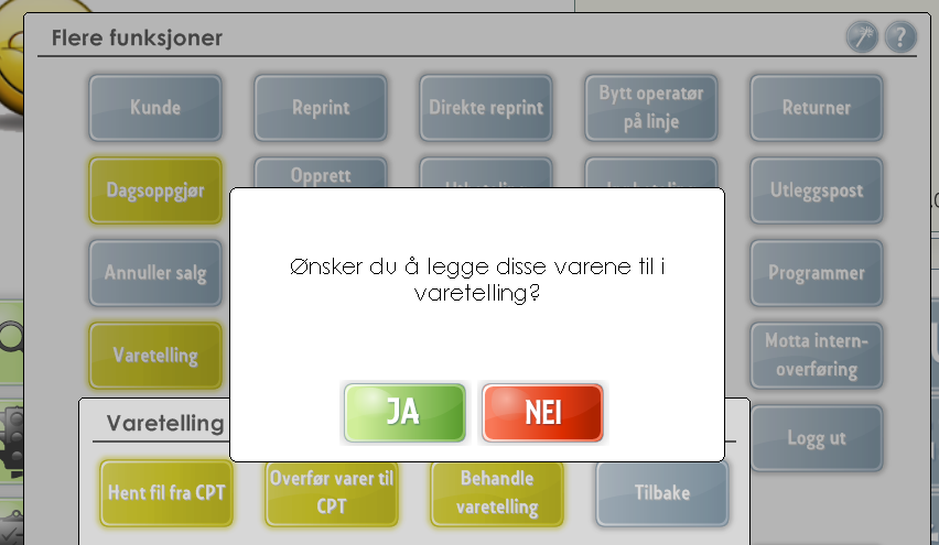 Varene som blir overført fra CPT-terminalen legger seg i kvitteringsbildet. Trykk på knappen Varetelling. For å behandle varene, trykker man på knappen Behandle Varetelling.