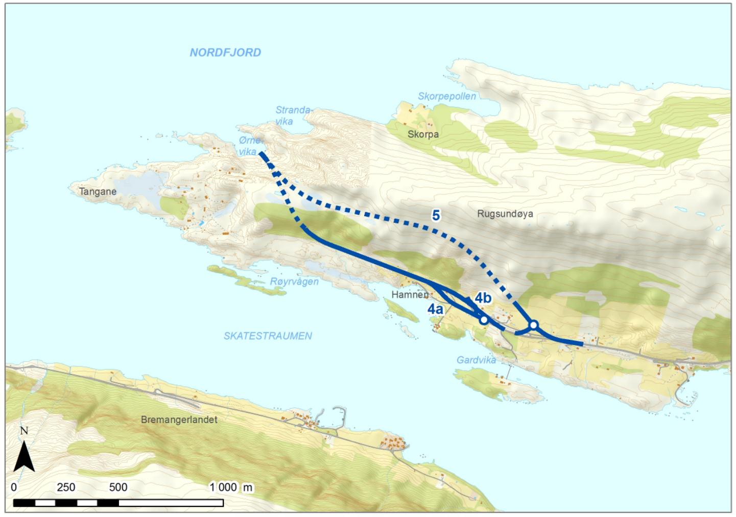 3.5 ALTERNATIV BREMANGER 3.5.1 Overordna alternativsvurdering Bremanger Planprogrammet har konkludert med at berre eitt alternativ skal konsekvensutgreiast på Rugsundøy og at ei veglinje teikna opp