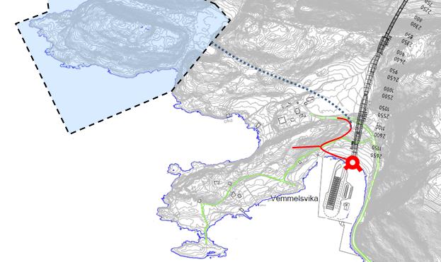 Fig. 62 Plassering av ferjekai og mogleg kryss i område avsett til hamn på Biskjelneset. Her vist med alternativ 2abc/3b. Stomnen framtidig næringsareal Fig.