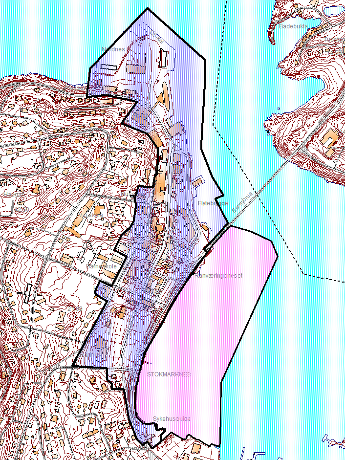 Rosa område i kartet representerer fremtidig Reguleringsplan for sykehusbukta der grensen er i henhold til forslag i den nye arealplanen.