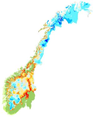 Figur 1.1.4 Utviklinga av snømagasinet vintrane 211/12, 212/13 og 213/14 i prosent av gjennomsnittet for perioden 1981-21. Kartet viser snømengda i prosent av normalt 1.