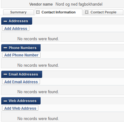 Den nye kontoen vises nå under Accounts nederst på Summary-fanen 7) Åpne Contact Information-fanen. Klikk Add Address for å legge til adresse. * Klikk Add Phone Number for å legge til telefon.