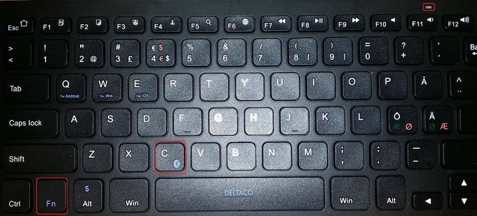 Sjekk at tastaturet har batterier som fungerer og at det er skrudd på. Batteriindikatoren på tastaturet lyser/blinker et par sekunder etter at tastaturet er skrudd på. 1. På/av-knapp 2.