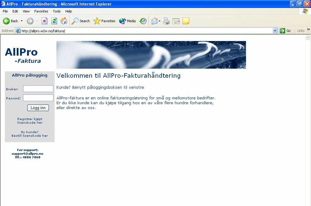 Pålogging AllPro-Faktura er et Web-basert faktureringsprogram, og du trenger derfor ingen programvare for å benytte programmet.