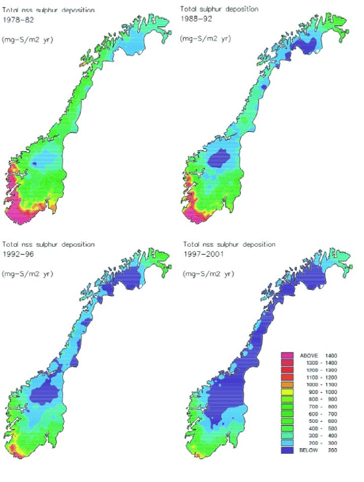 1978-82 1988-92 1992-96 1997-21 Nedfallet av svovel over Sør-Norge er vesentlig redusert siden 199, men fremdeles er naturens tålegrenser for svovel overskredet over betydelige arealer i sørvest.